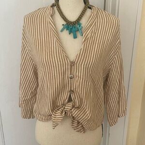 Zara Tan Stripe Tie Blouse Boxy‎ fit with Wood Buttons size Medium